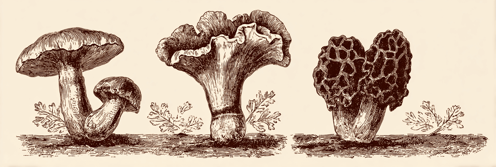 Gravure botanique de trois champignons — bolet, chanterelle et morille