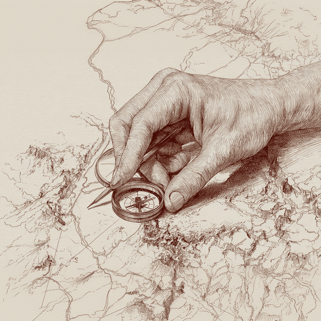 Dessin à l'encre sépia d'une main tenant une boussole sur une carte topographique