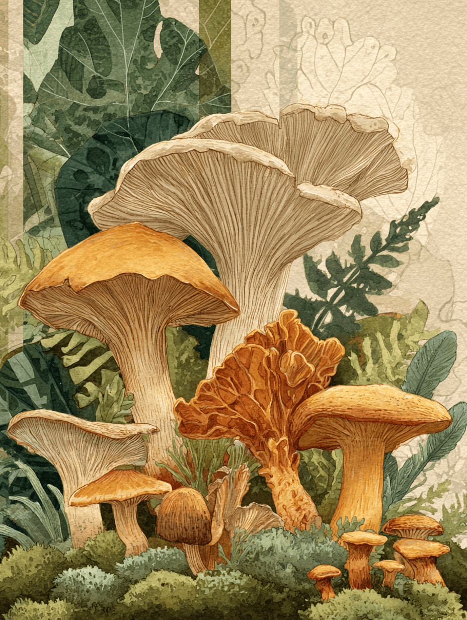Illustration naturaliste de champignons forestiers — chanterelles, cèpes et morilles sur un sol moussu