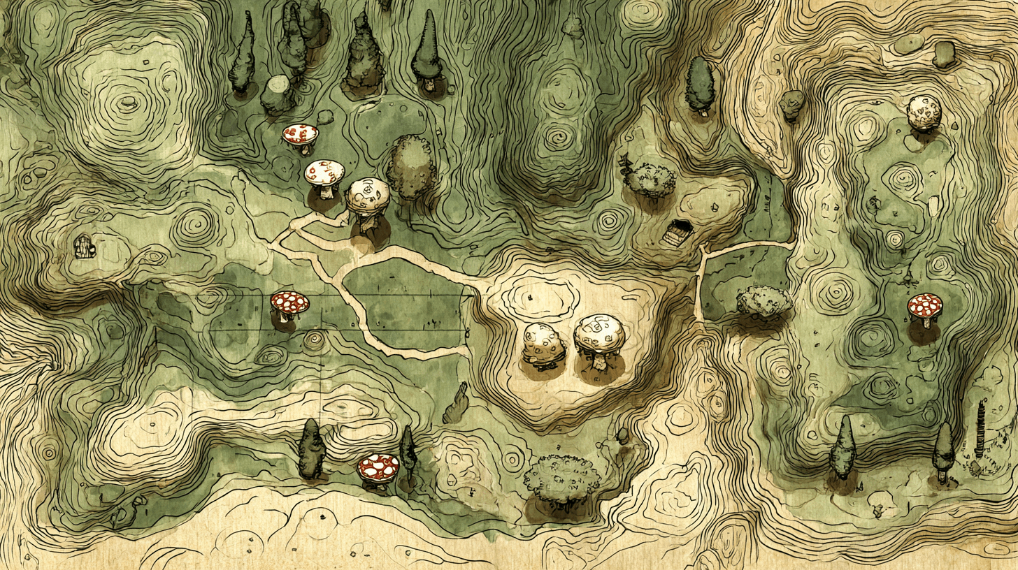 Carte forestière stylisée avec courbes topographiques et icônes de champignons